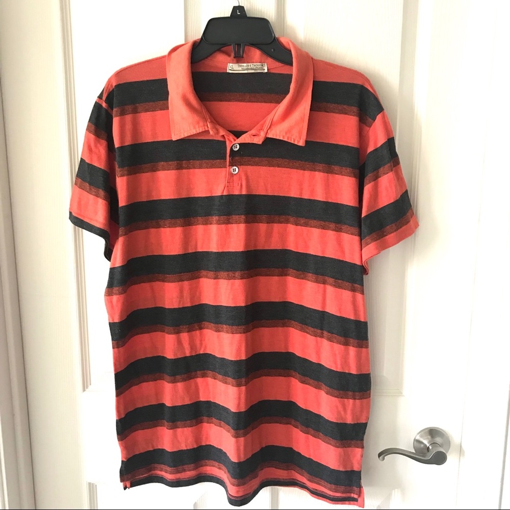 Threads 4 Thought Red Orange gray stripe Mens Polo
